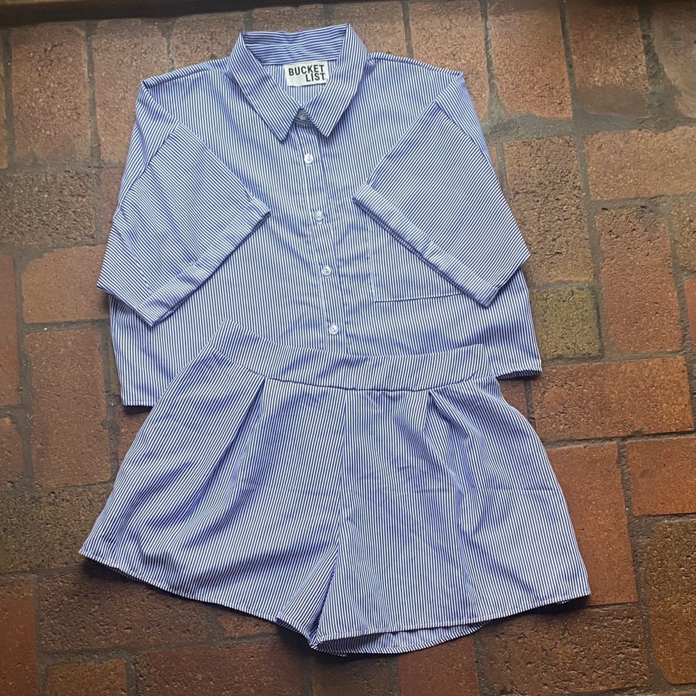 BUCKETLIST Blue and White Striped Button-Up Top with Matching Shorts